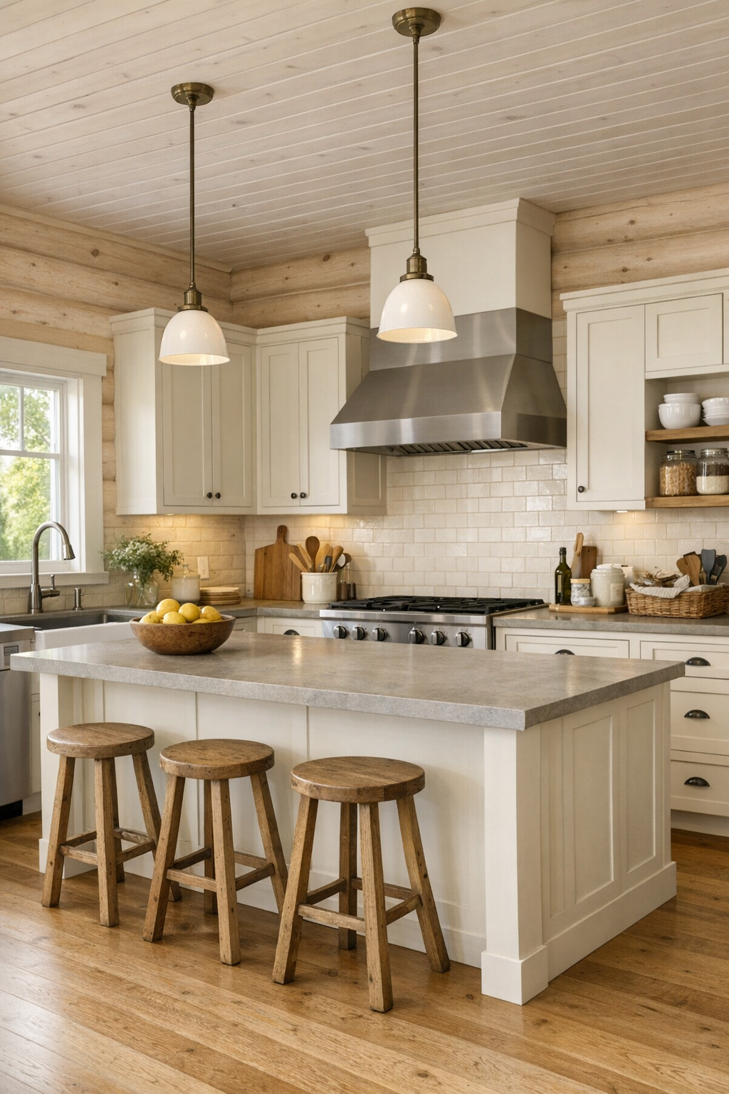Warm kitchen with pale log walls, off-white cabinetry, a large island, and stone counters