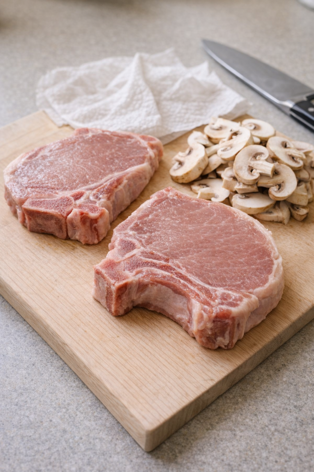 Raw pork chops and mushrooms prepared for slow cooker