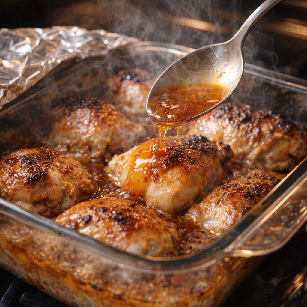 Chicken thighs being basted in the casserole dish