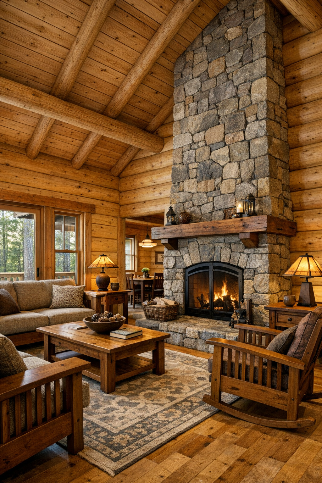 Warm cedar log living room with stone fireplace and Amish-crafted furniture