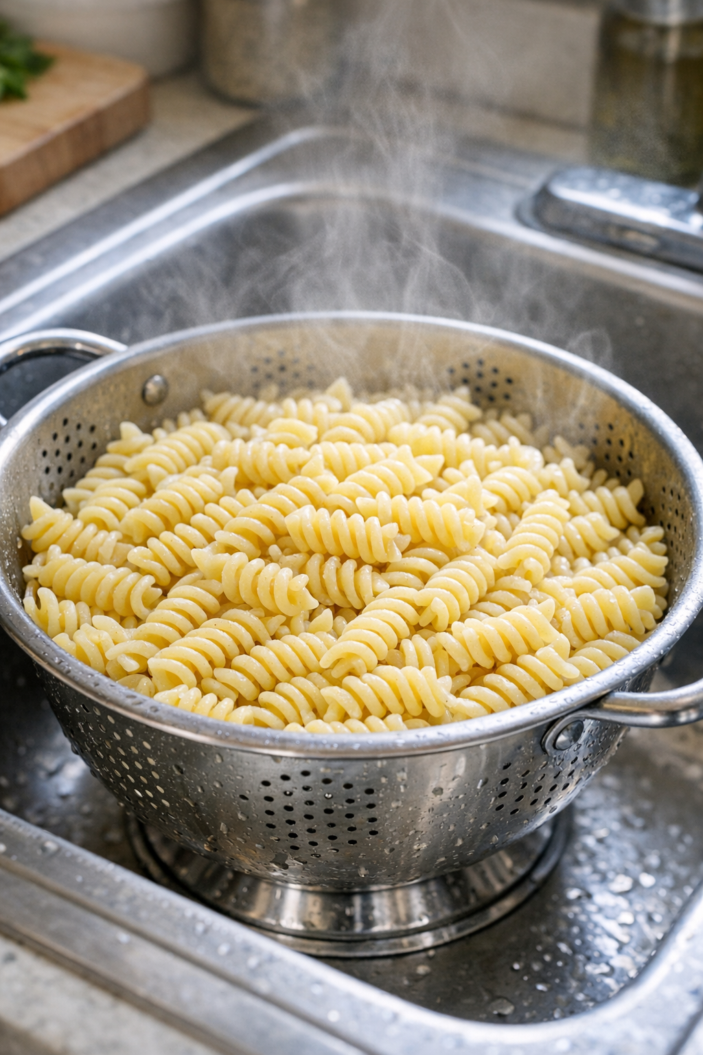 Rotini pasta just drained after boiling