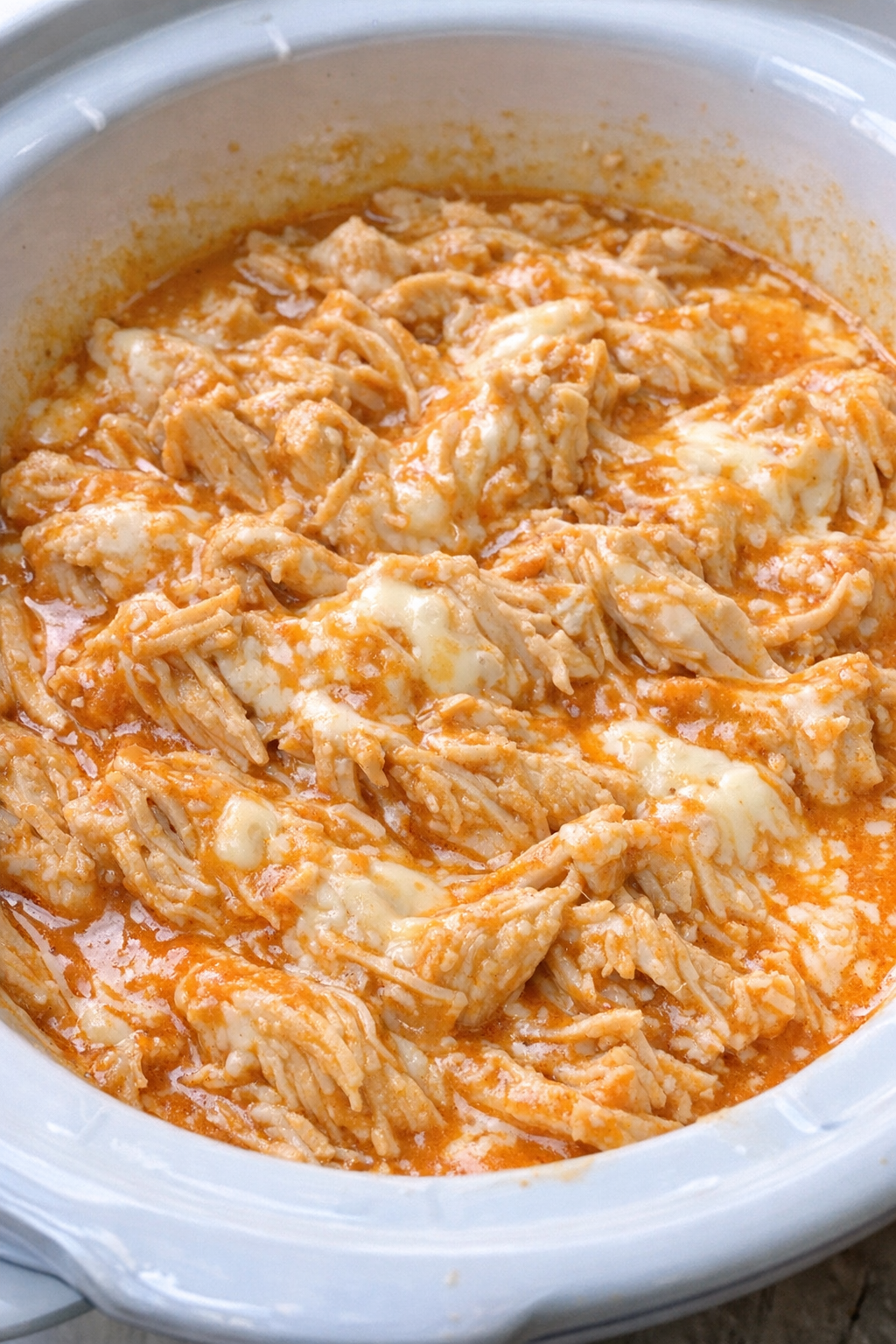 Creamy buffalo chicken in a white slow cooker