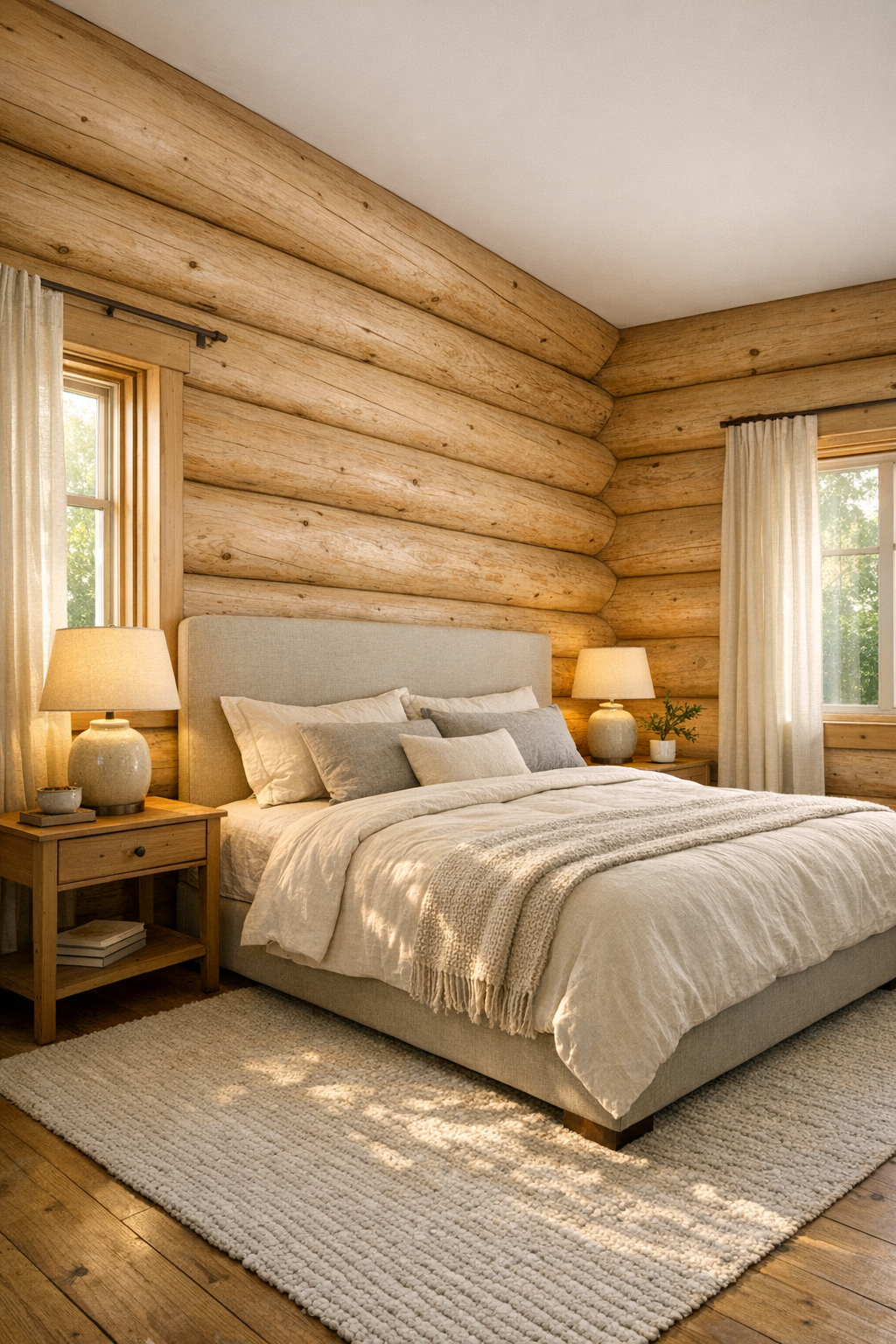 Serene bedroom with pale log walls, upholstered bed, layered neutral textiles, and soft light
