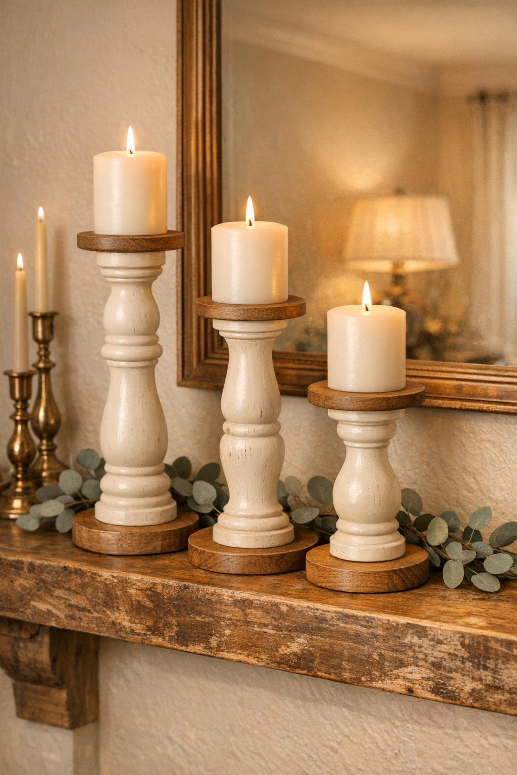 Finished chair spindle candle holders styled on a mantel