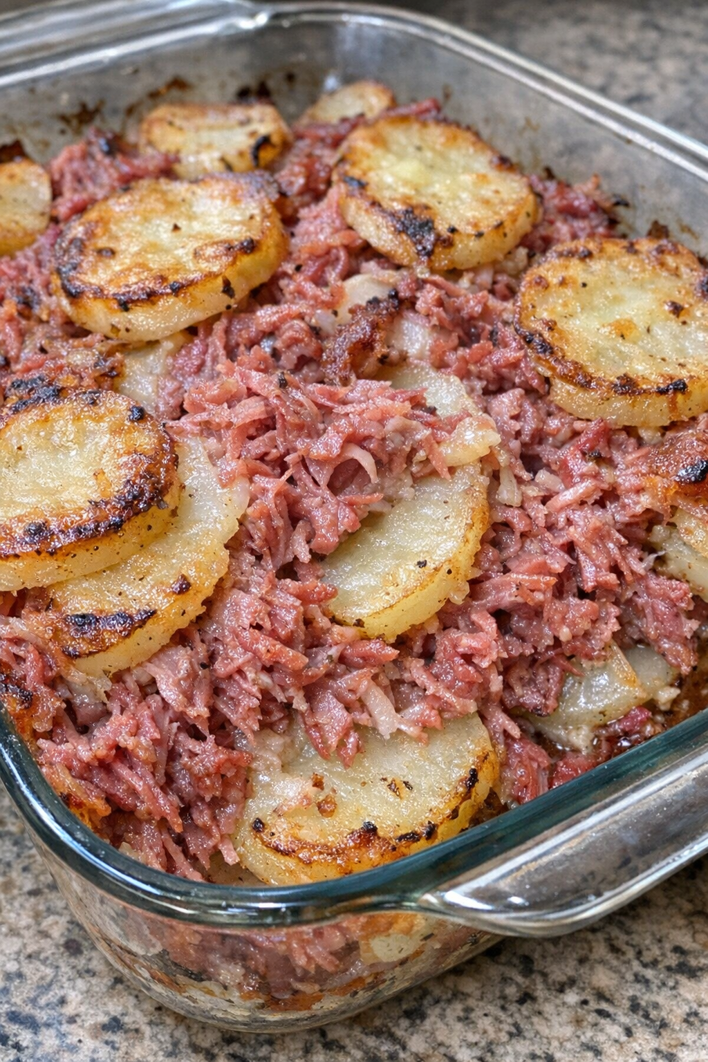 Finished corned beef potato bake with browned edges