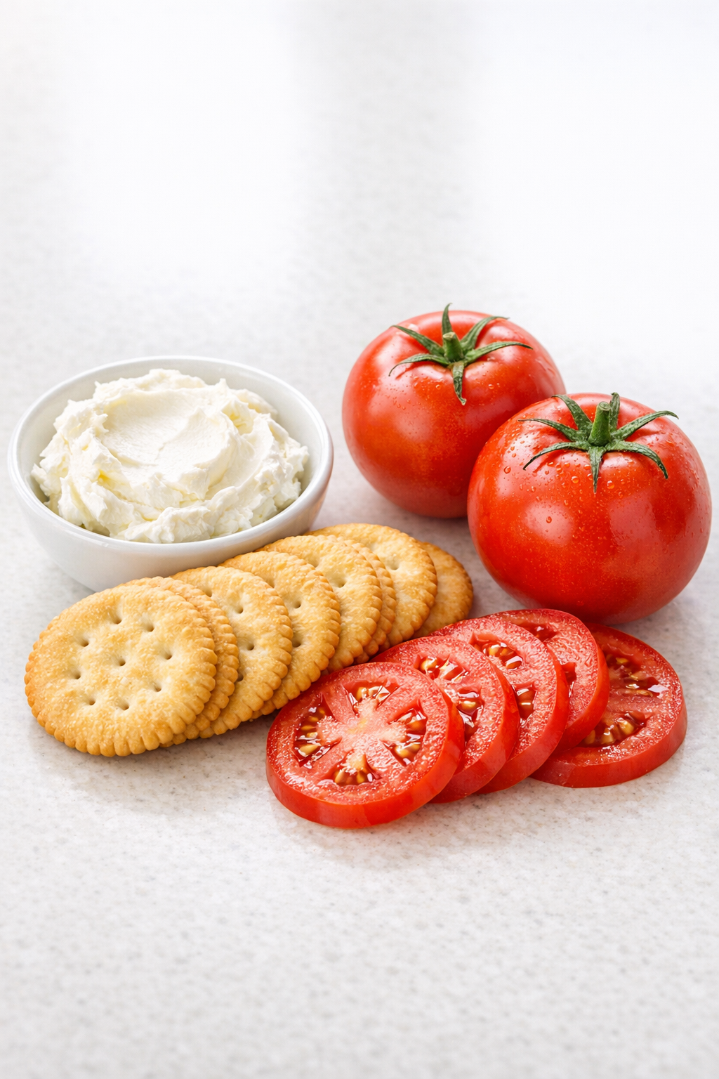 Keksz, krémsajt és szeletelt friss paradicsom