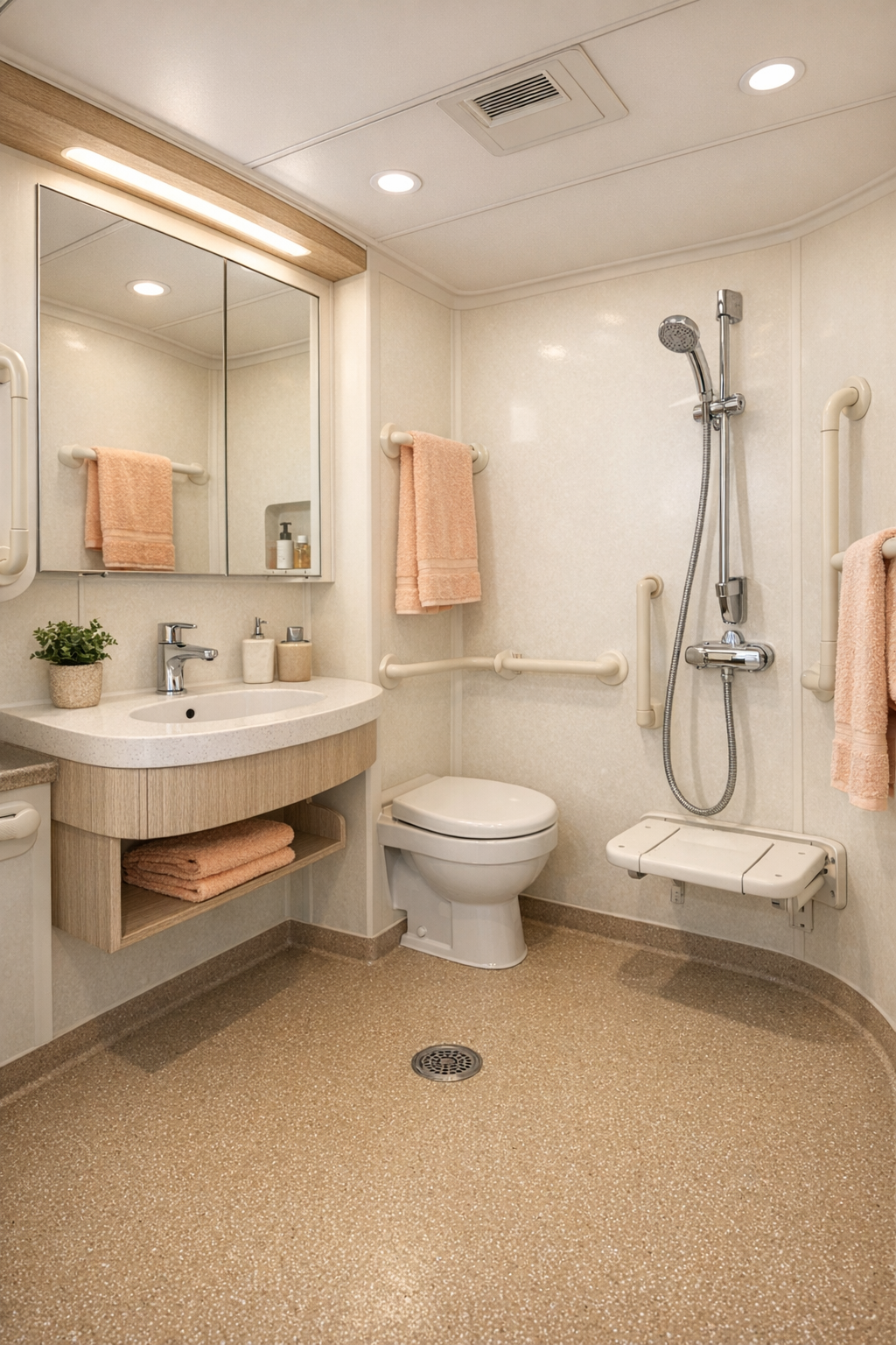 Accessible RV camper bathroom with cream finishes and floating vanity