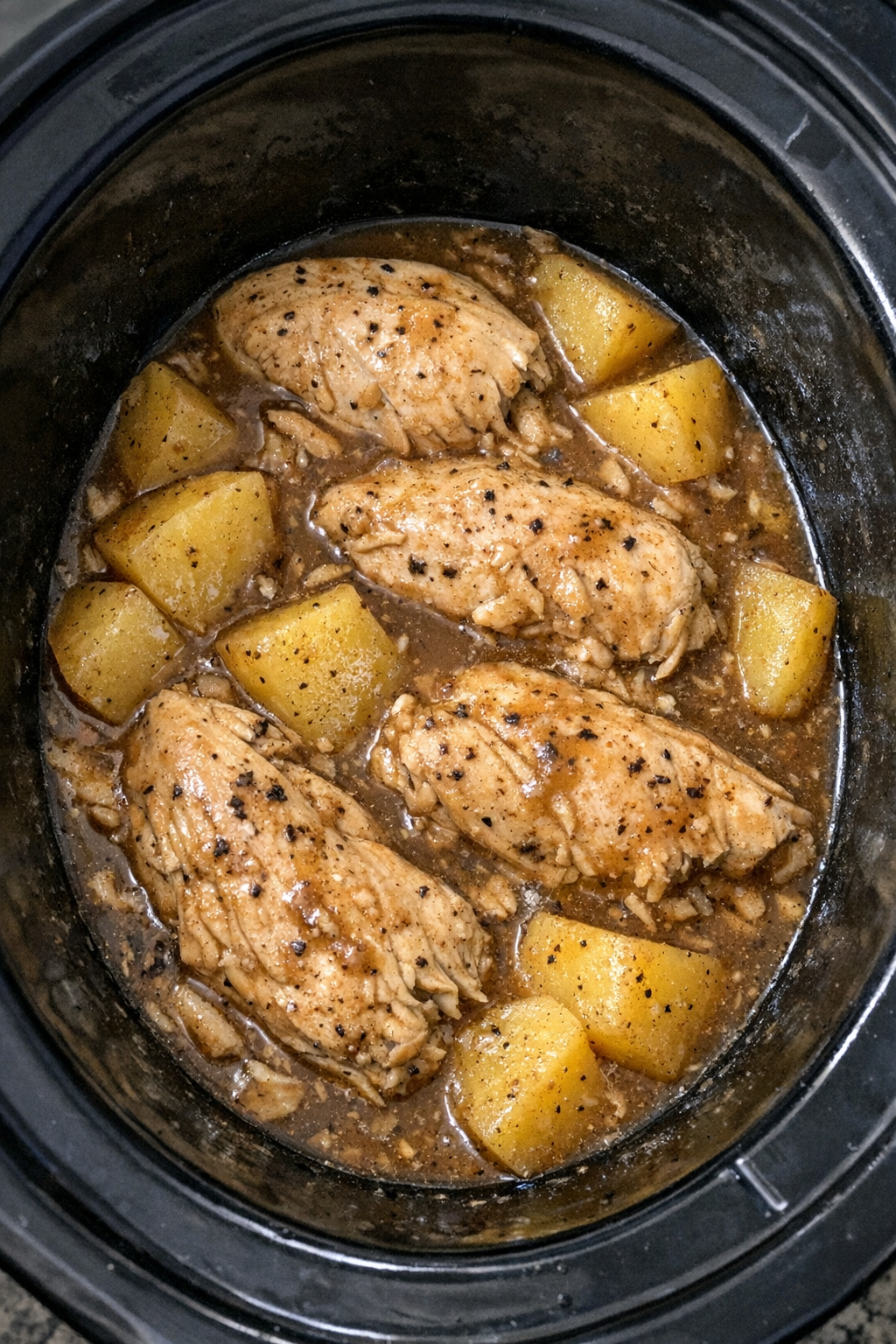 Slow cooker Amish chicken and potatoes in brown gravy