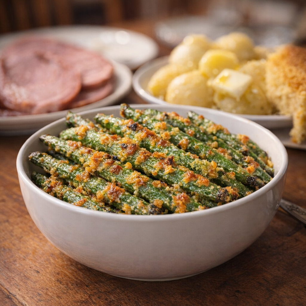 Serving bowl of green beans beside a simple spring supper