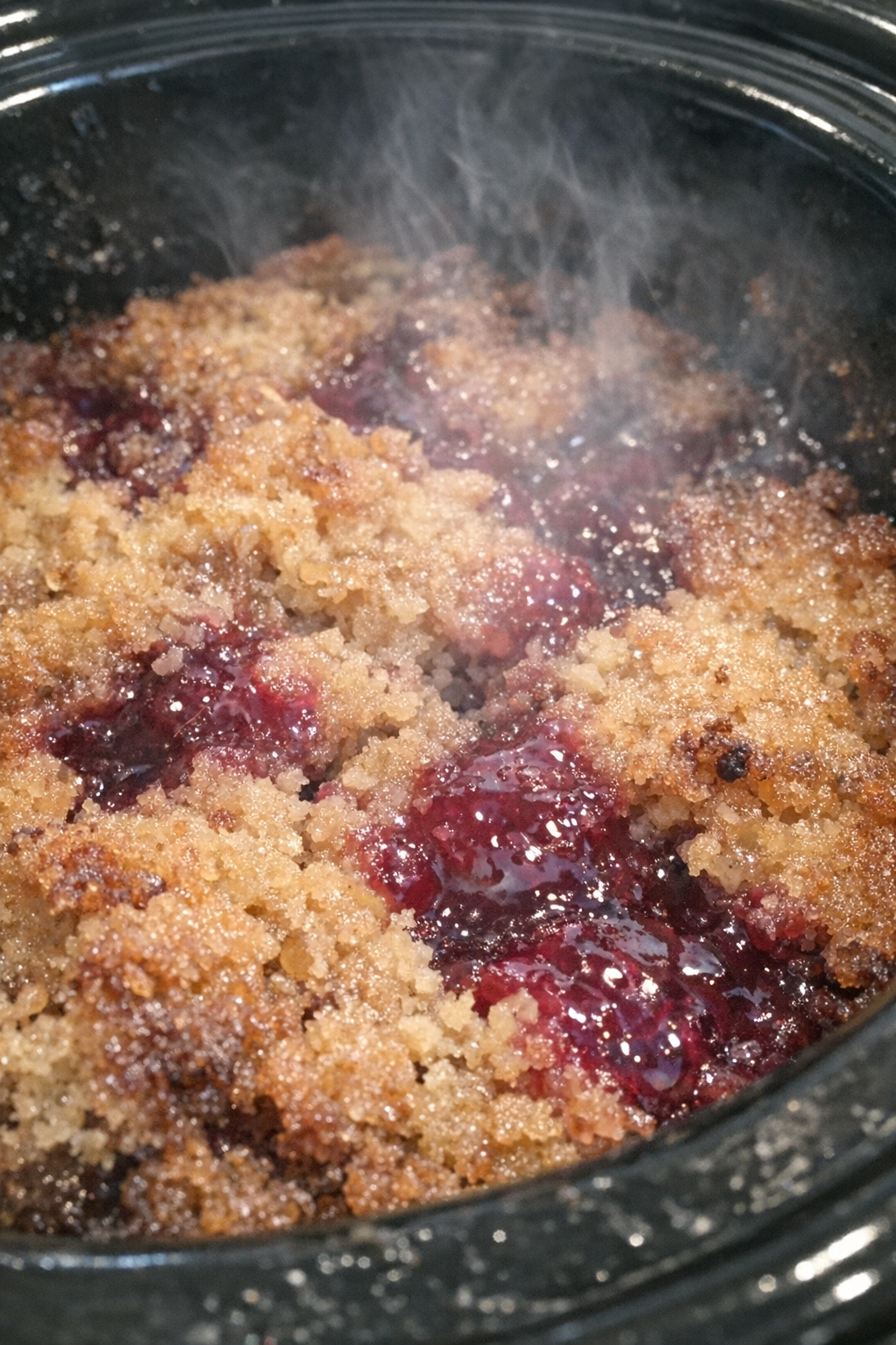 Golden-brown slow cooker dessert with magenta jam