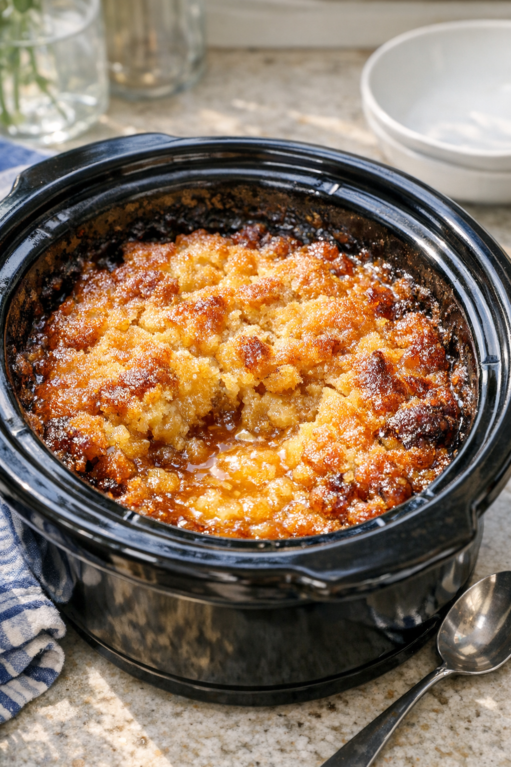 Finished slow cooker honey-toned bake ready to serve