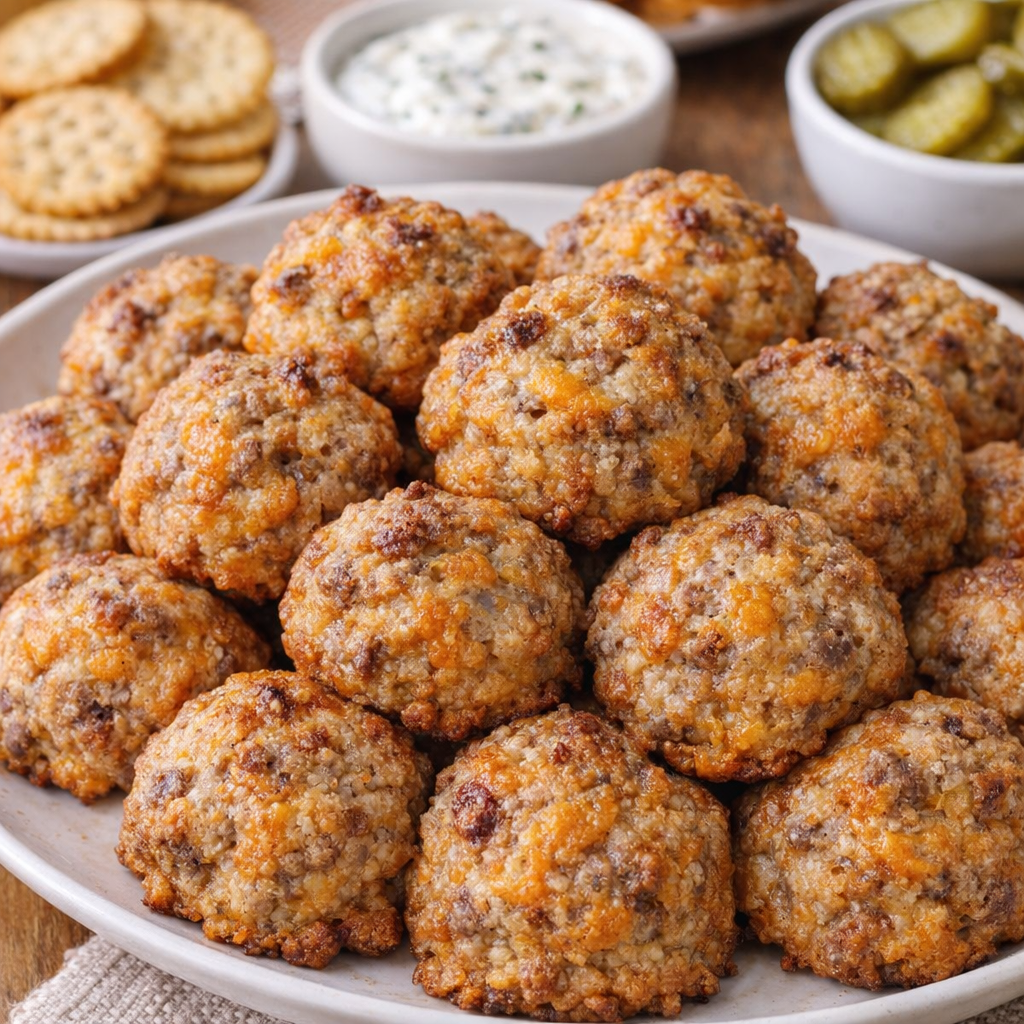 Sausage balls served with dipping sauces for a gathering