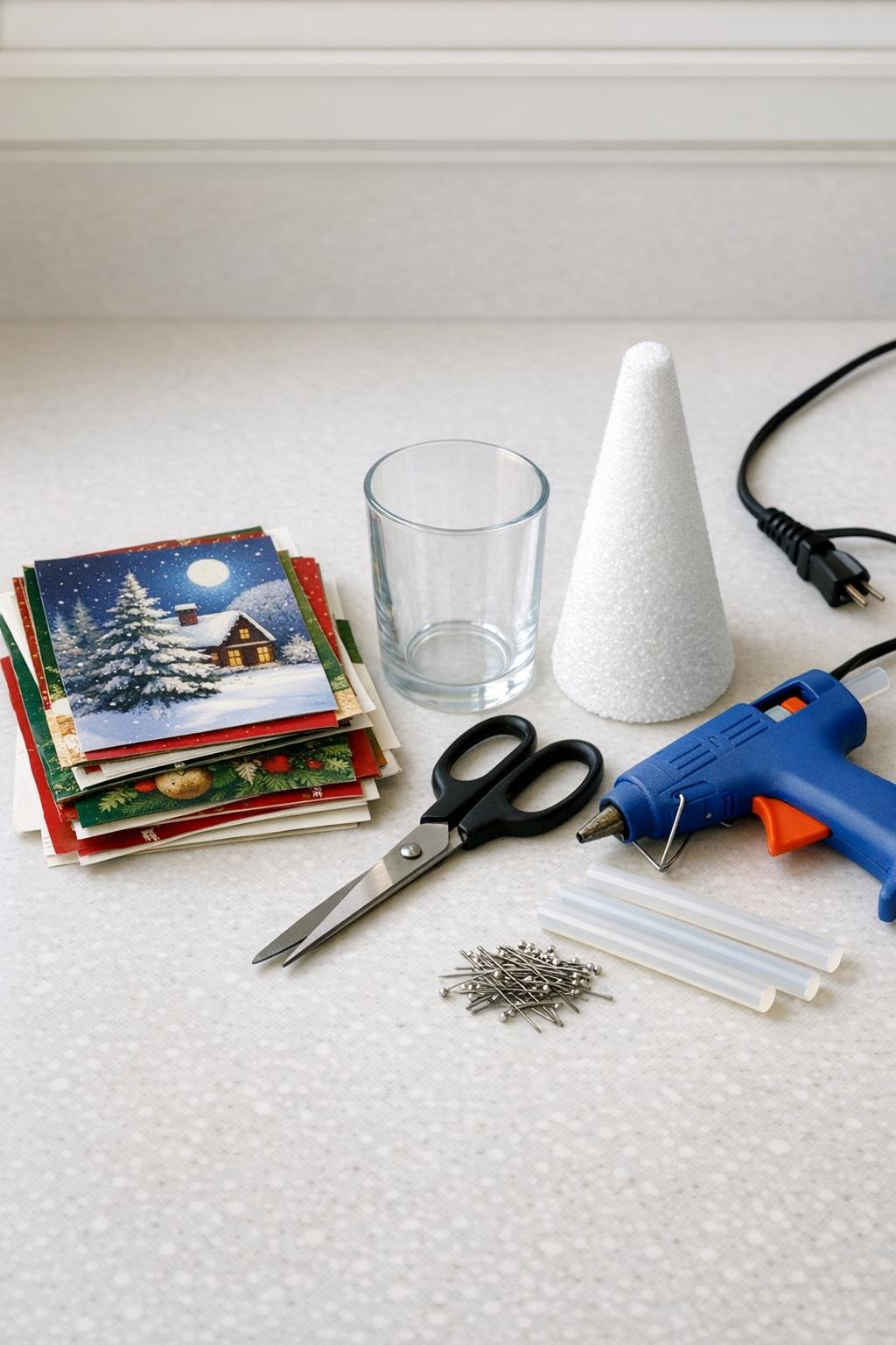 Old Christmas cards, scissors, drinking glass, foam cone, hot glue, and pins laid out on a kitchen counter