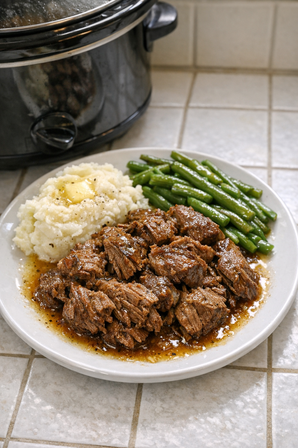 Finished Amish vinegar beef plated with its juices