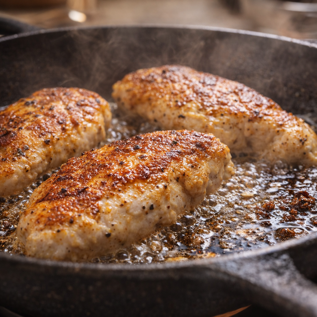 Golden seared chicken pieces browning in skillet