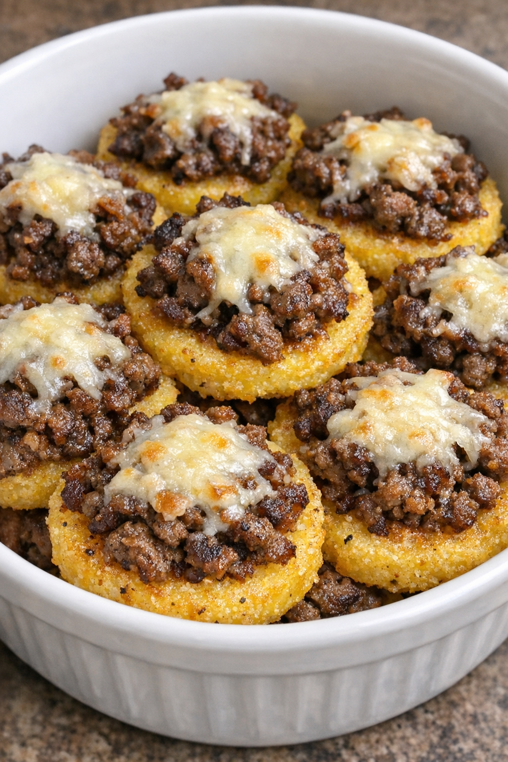 Close-up of baked beef polenta bites