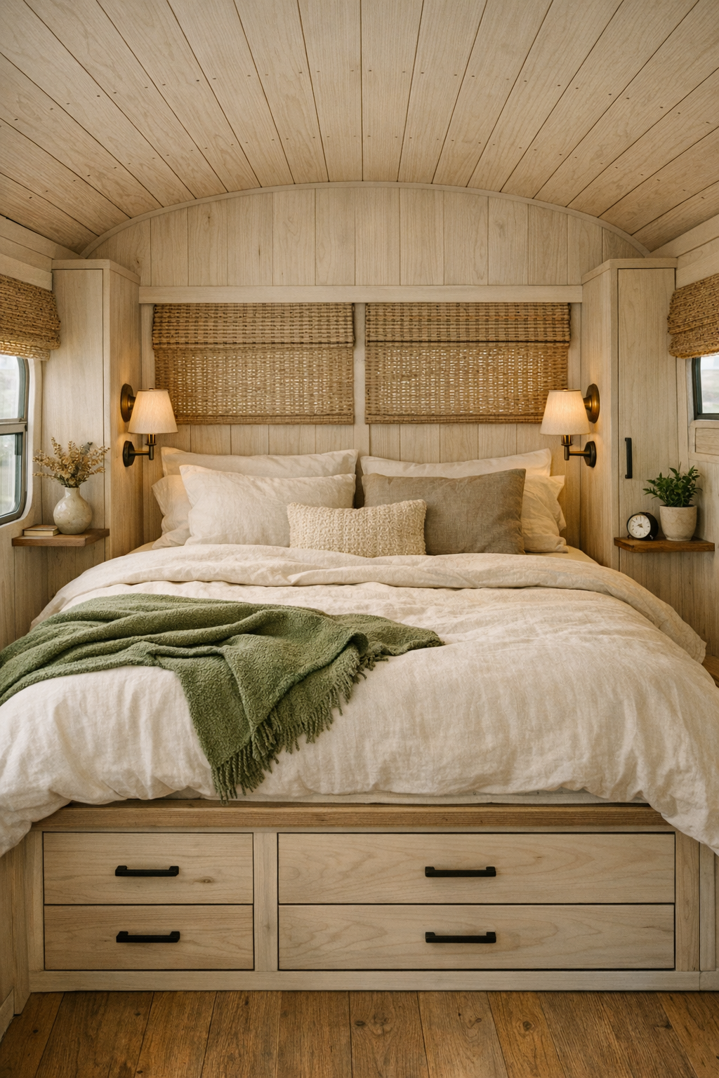 Rear bus bedroom with platform bed, linen bedding, and built-in storage