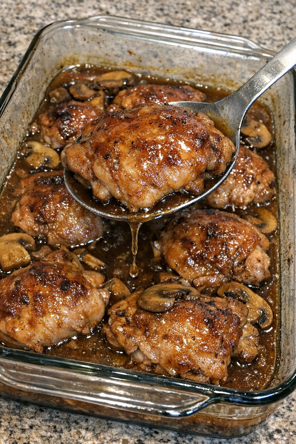 Glazed chicken with mushrooms in a Pyrex dish