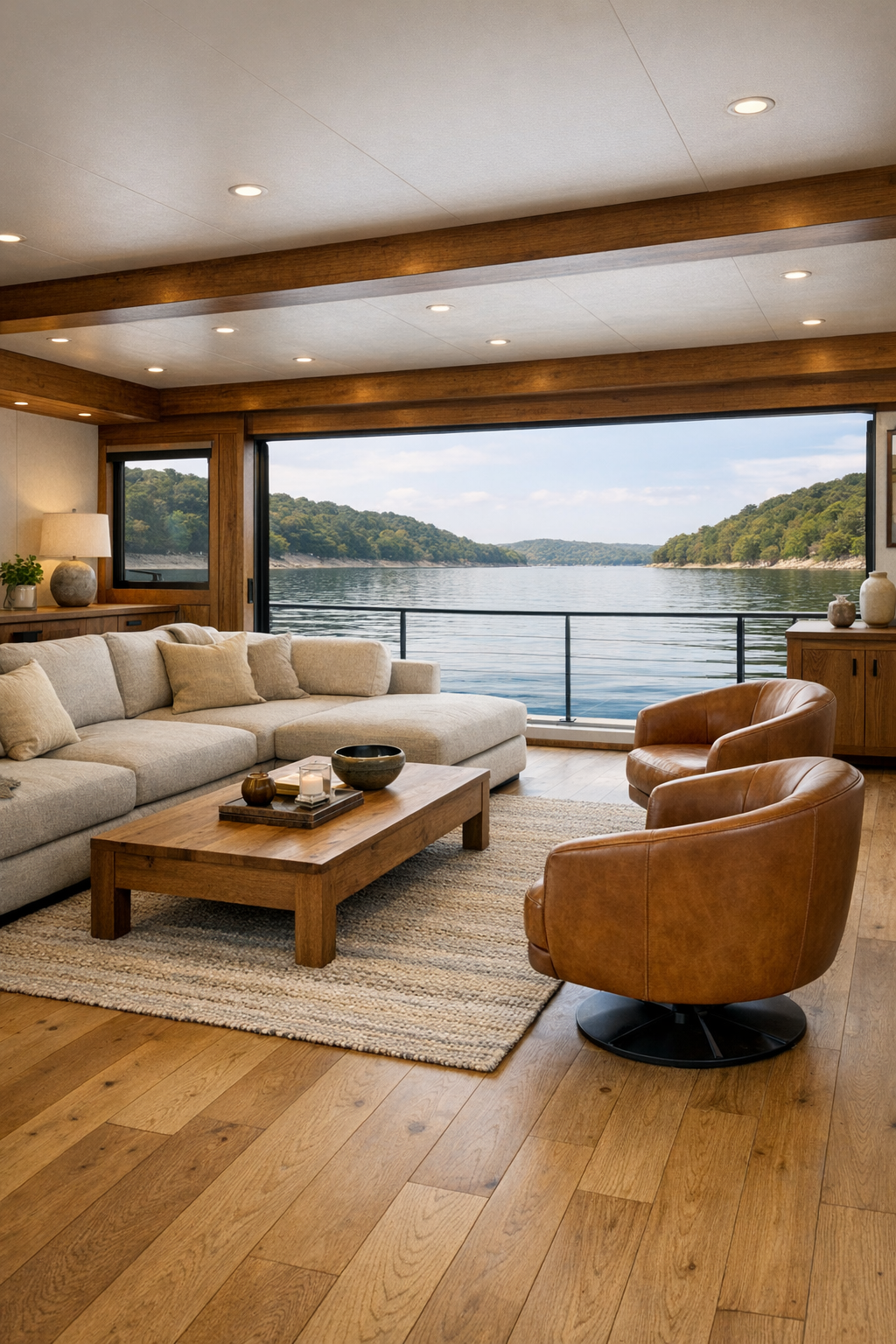 Open living room with oak floors, soft neutral seating, and wide water-facing windows