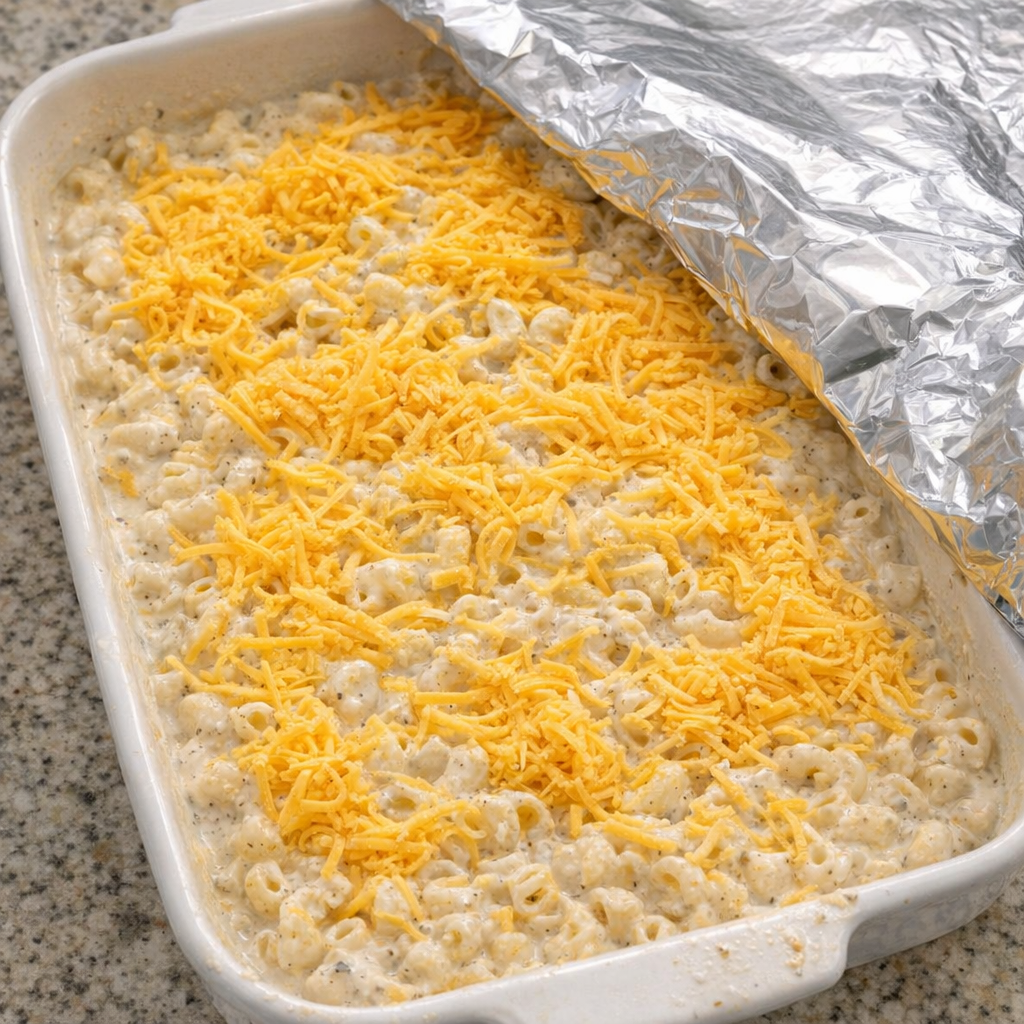 Unbaked macaroni casserole topped with cheddar before going into the oven