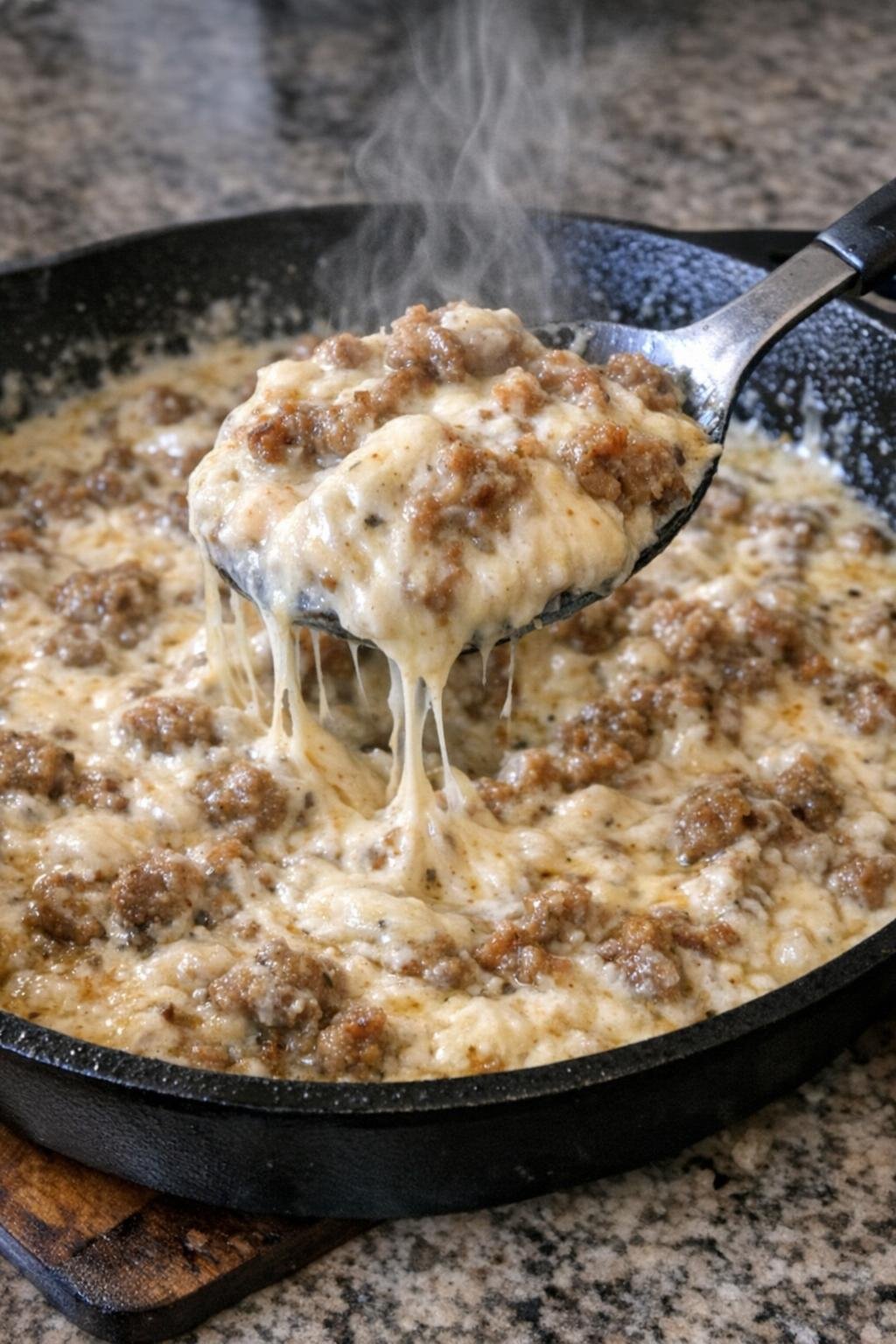 Cream cheese and sausage skillet dip bubbling in cast iron