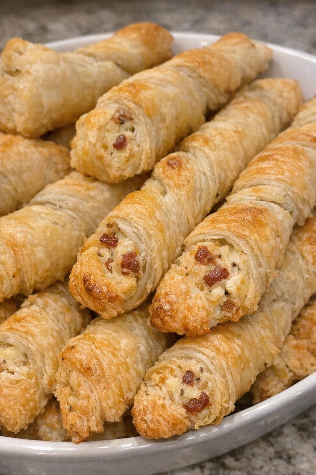 Golden stuffed pastry twists piled in a serving dish