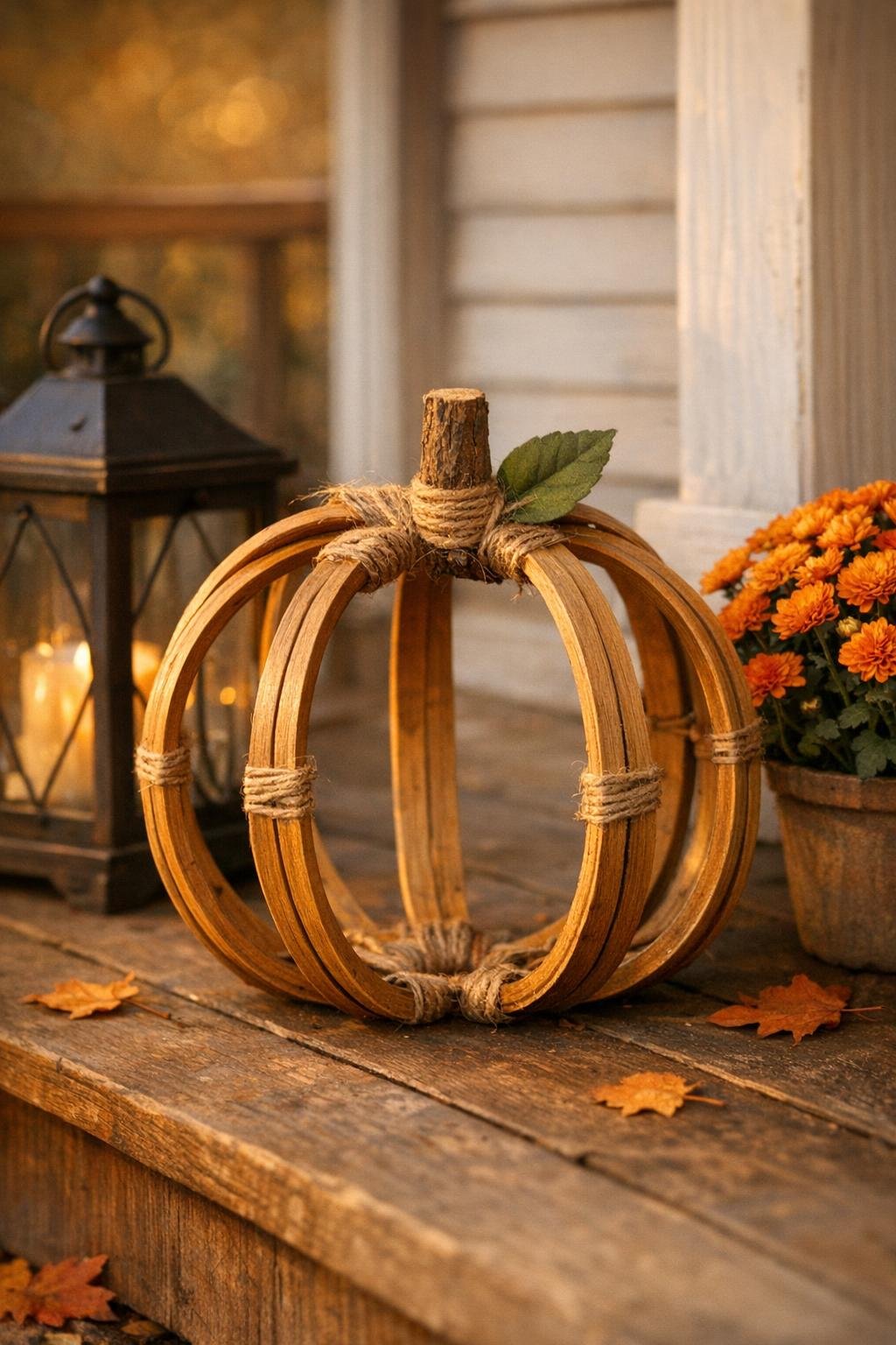 Finished embroidery hoop pumpkin styled on a front porch