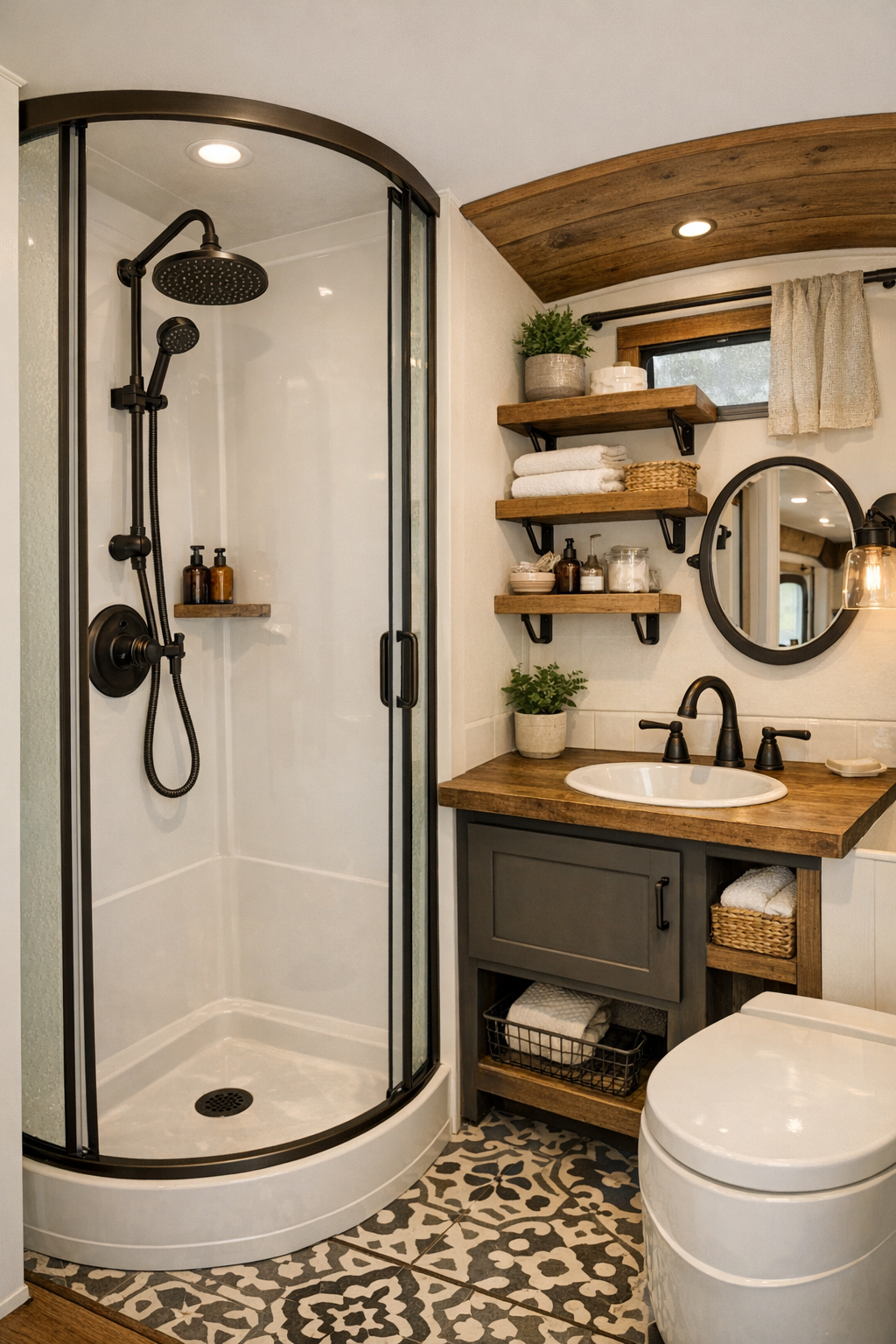Bright compact bathroom with fitted shower, small vanity, and rustic-modern finishes