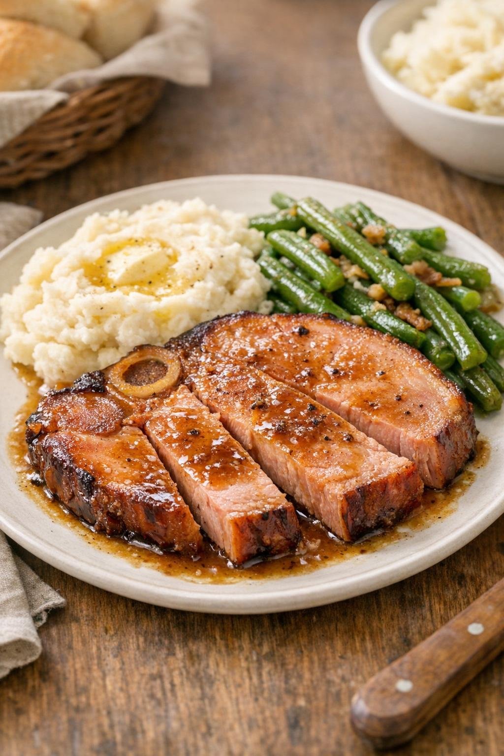 Finished glazed smoked ham steak plated for dinner