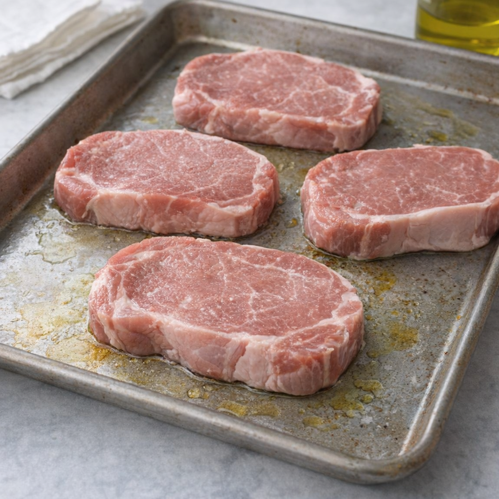 Oiled baking sheet with pork chops ready for seasoning