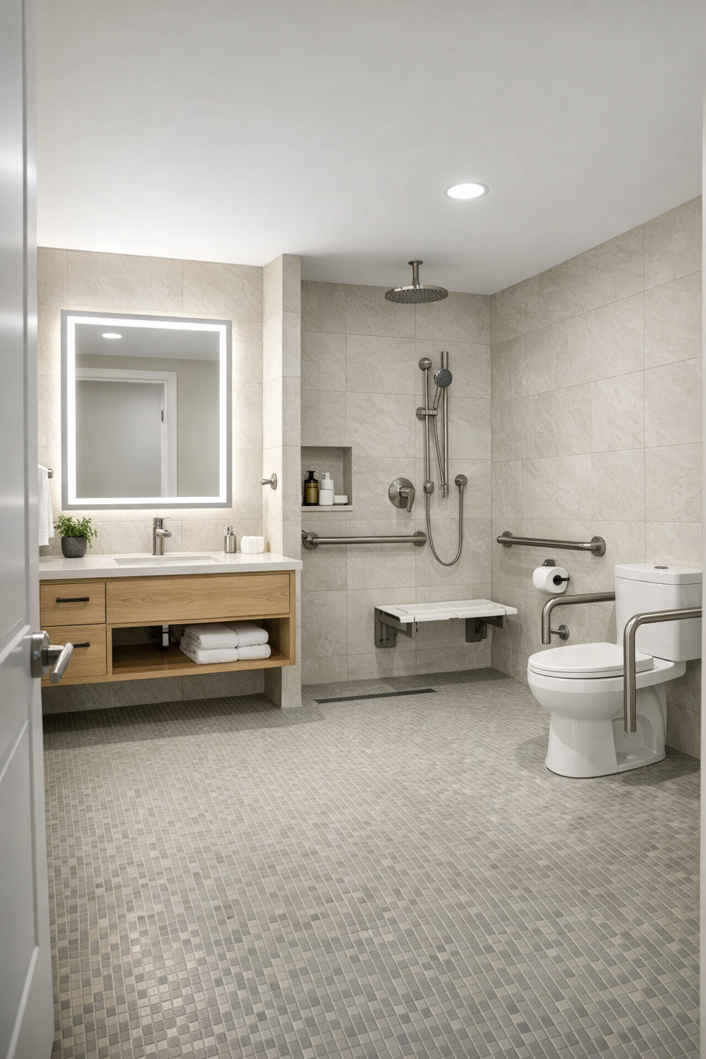 Accessible bathroom with level-entry shower and white oak vanity