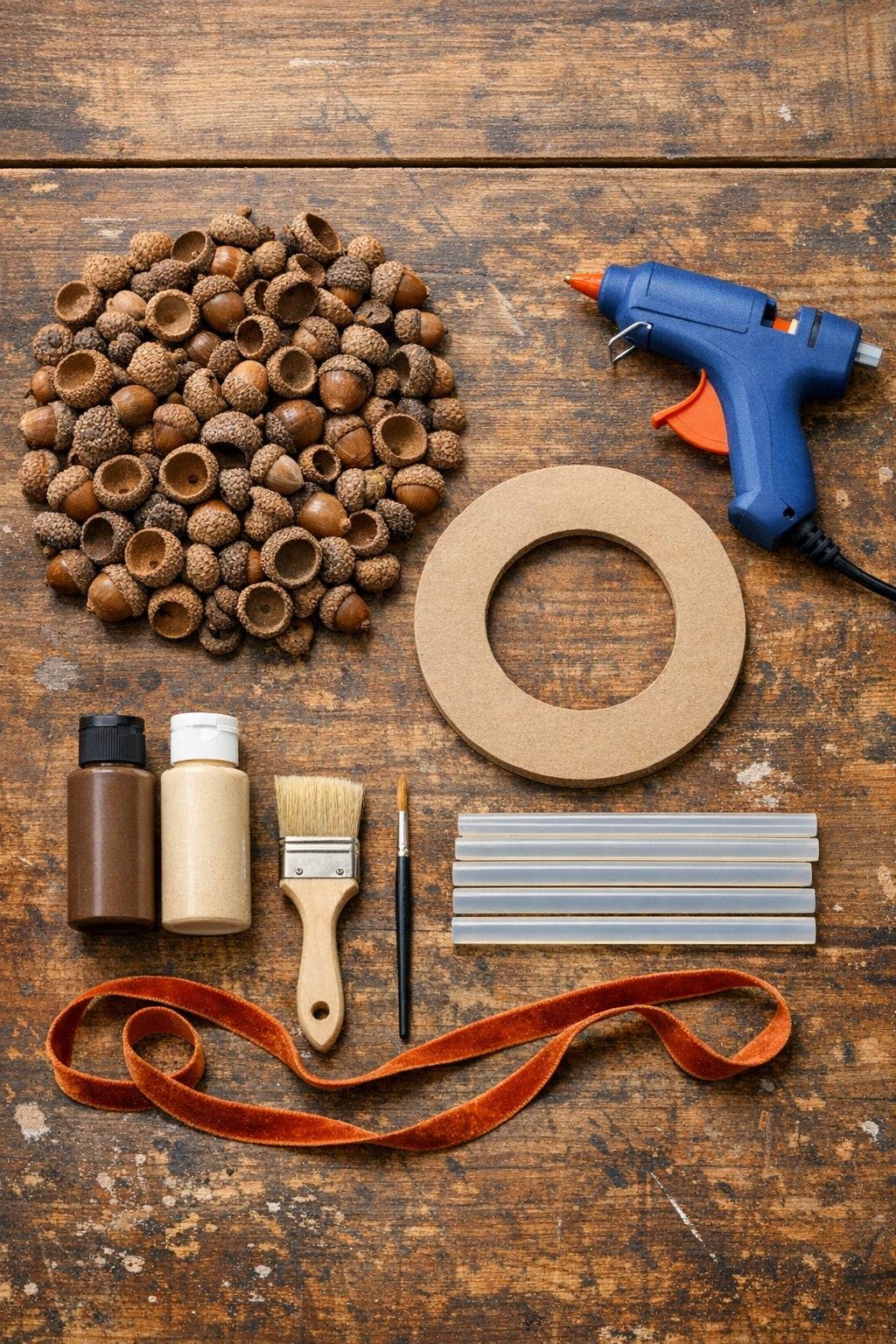 Acorn caps, cardboard ring, glue sticks, paint, and ribbon laid out for the project