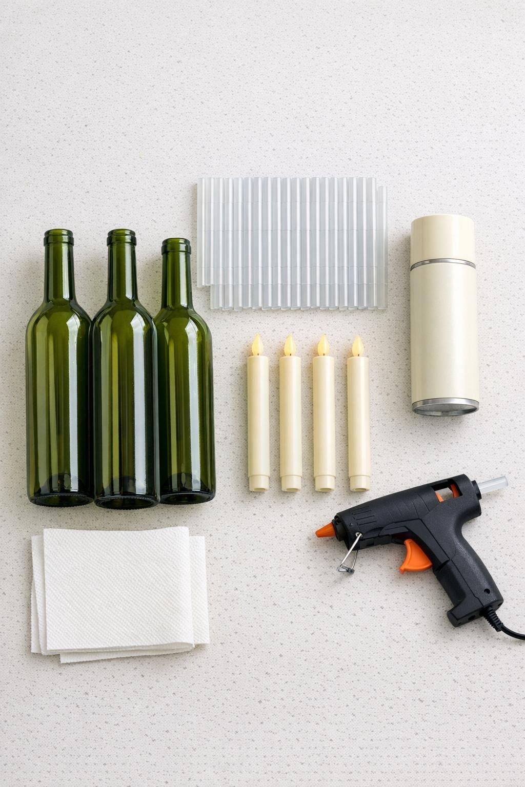 Materials for haunted drip candle bottles laid out on a counter