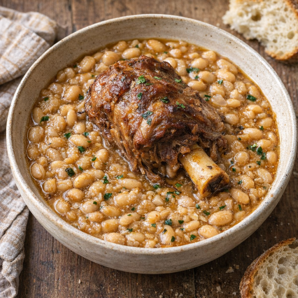 Slow cooker pork shanks and navy beans in a rustic bowl