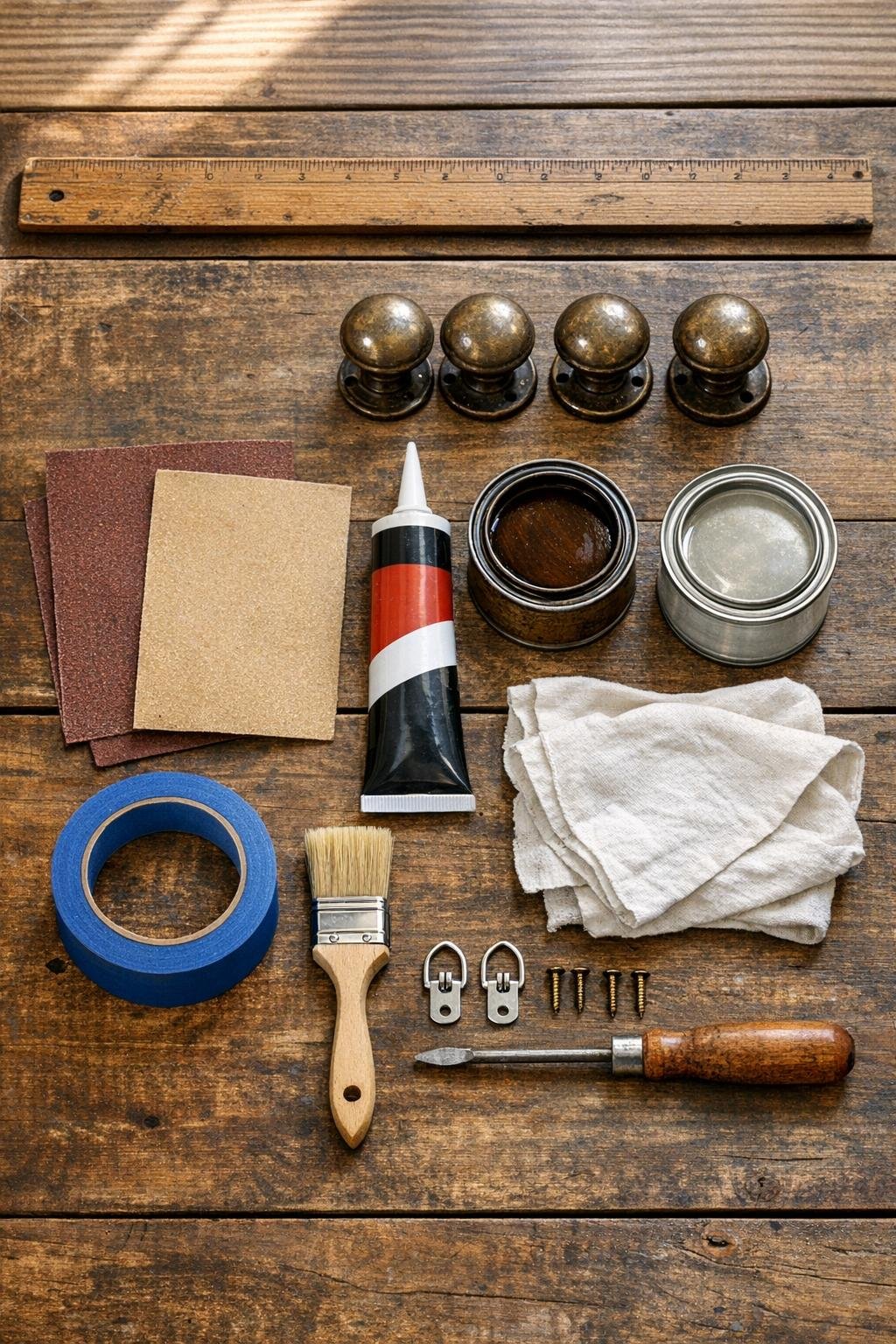 Materials laid out for a wooden ruler and brass doorknob key hook project