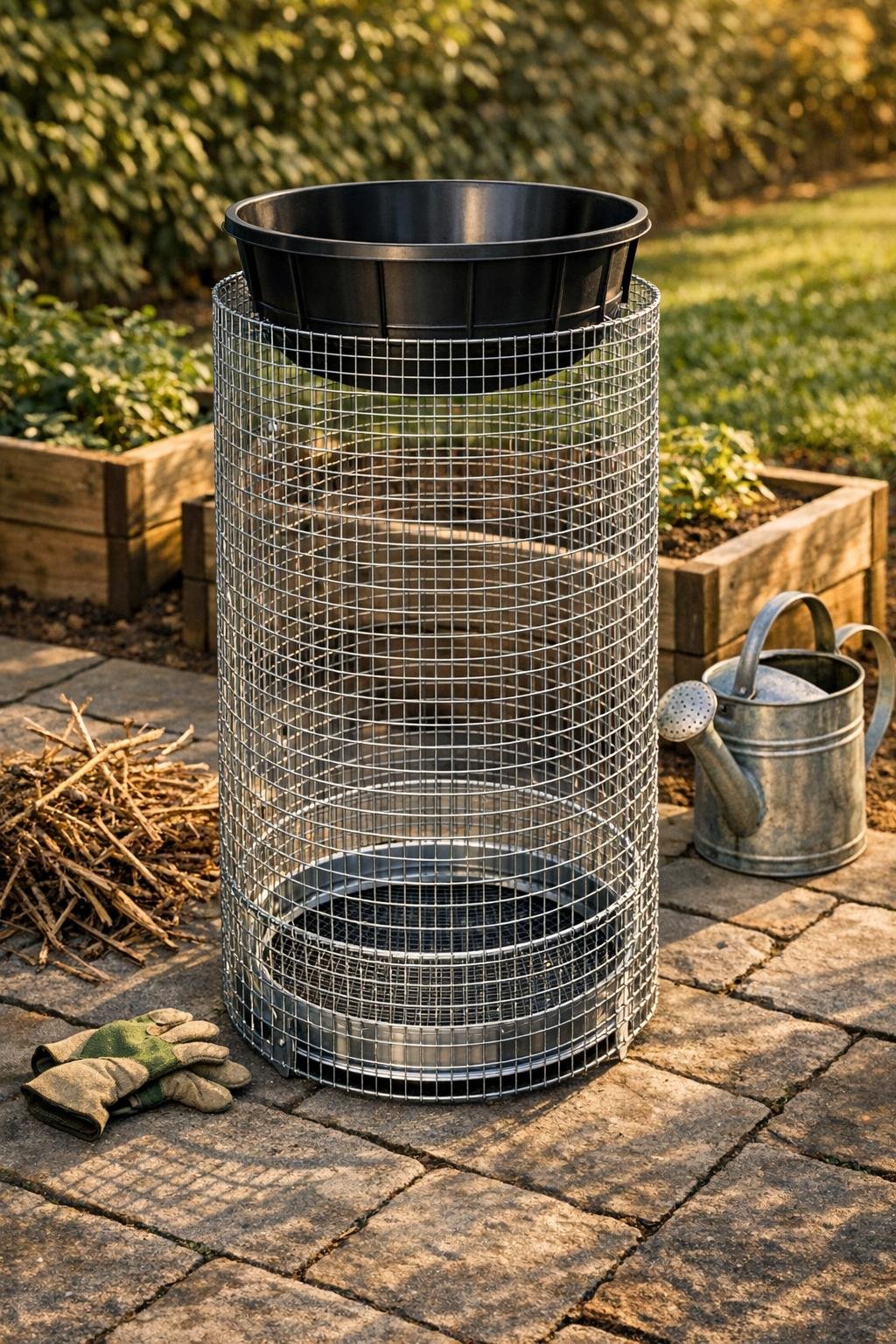 Finished DIY garden debris shredding cage on a backyard patio
