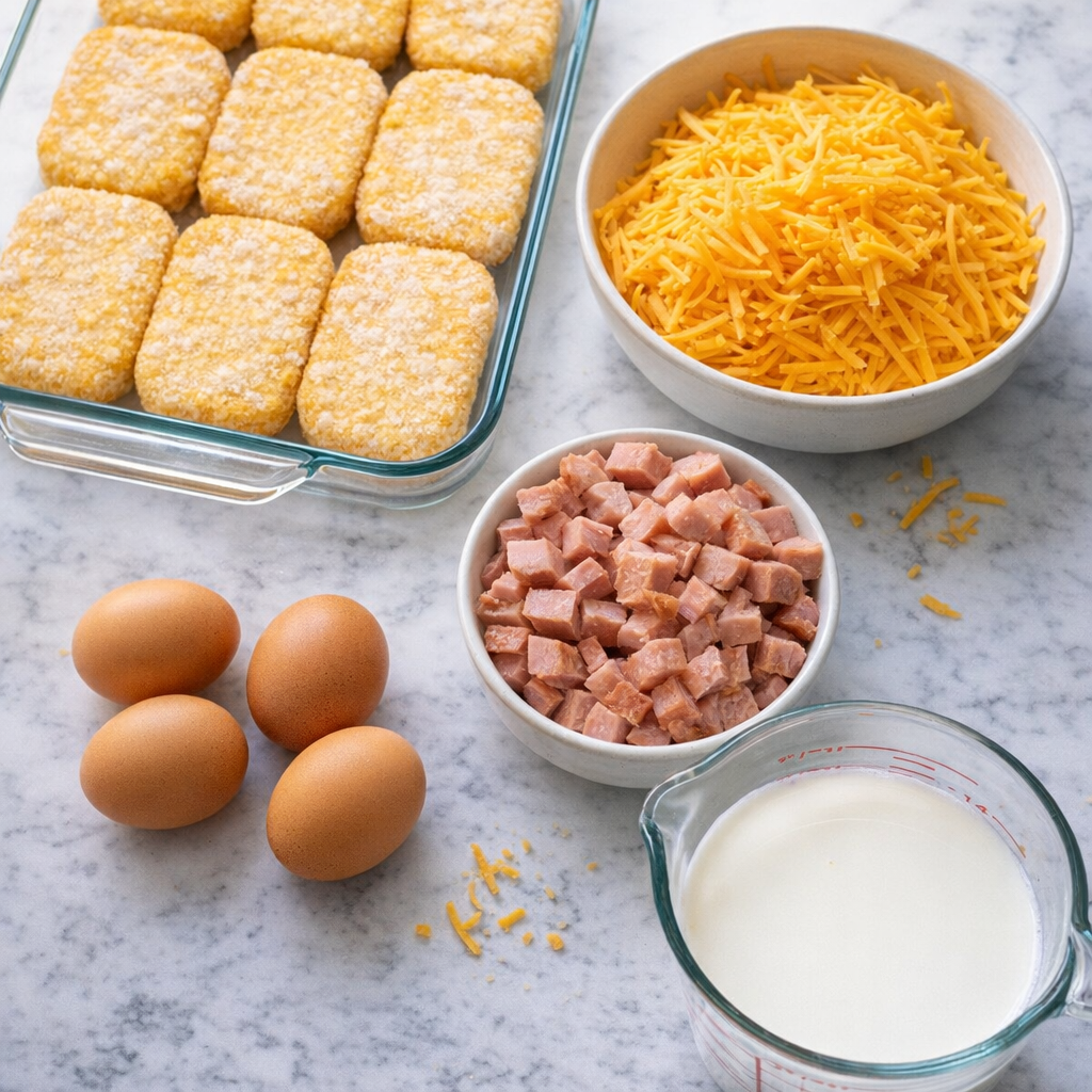 Hash brown casserole ingredients arranged on a kitchen counter