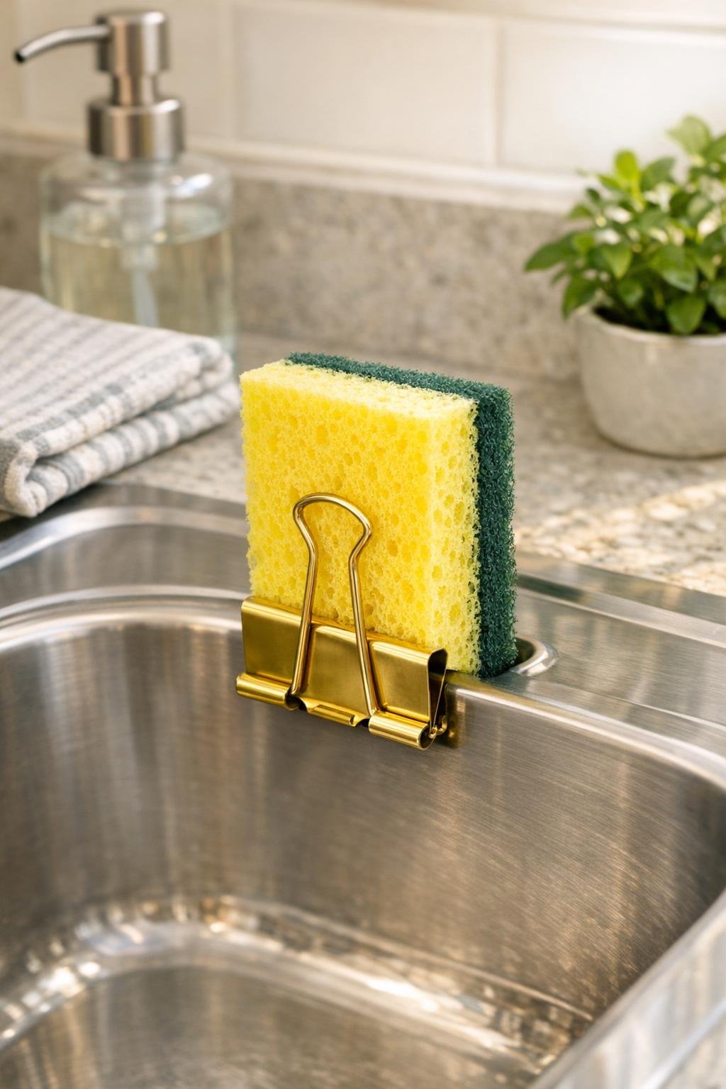 Finished DIY sponge holder made from a brass binder clip inside a stainless steel sink