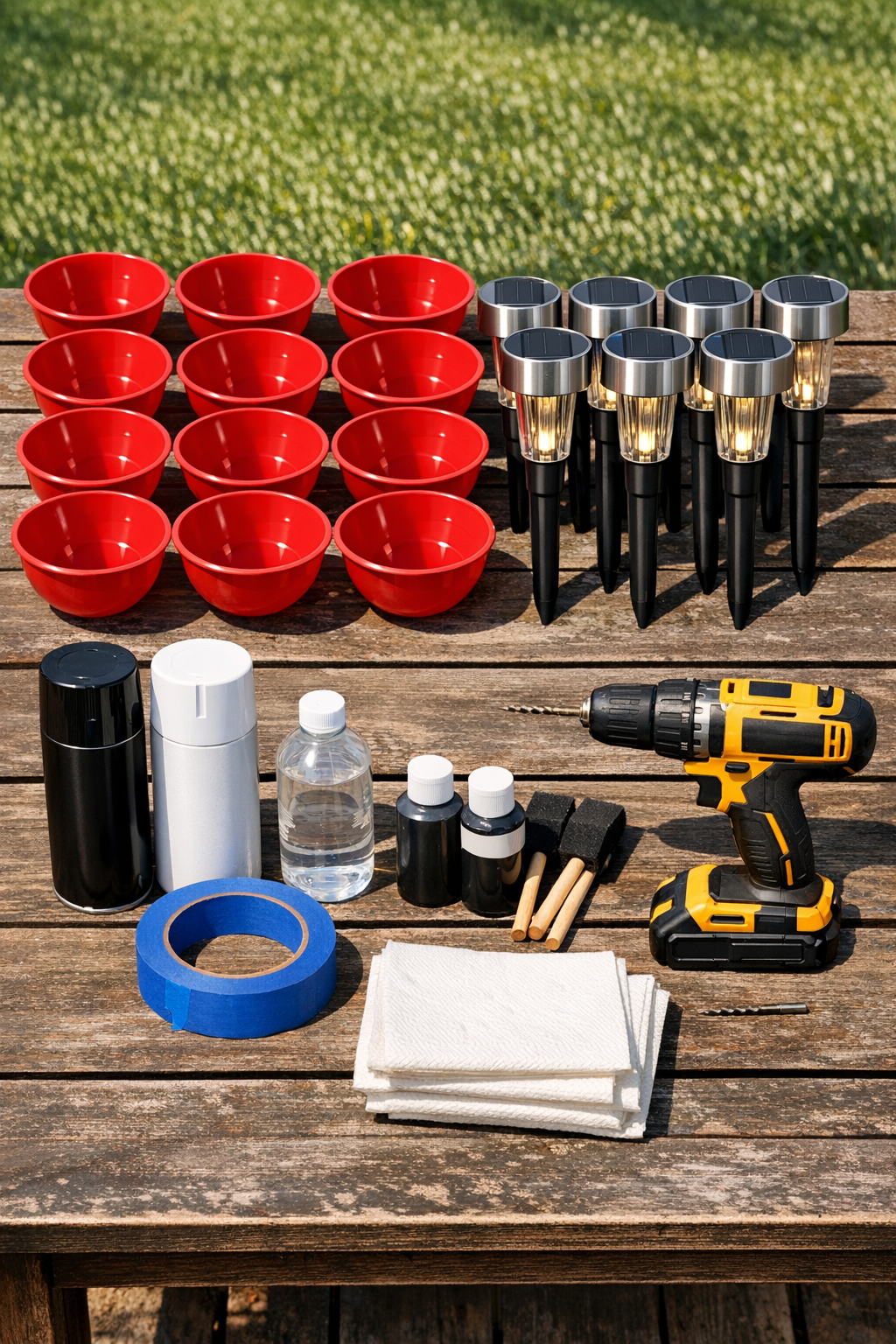 All materials for the glowing backyard ladybug project laid out together