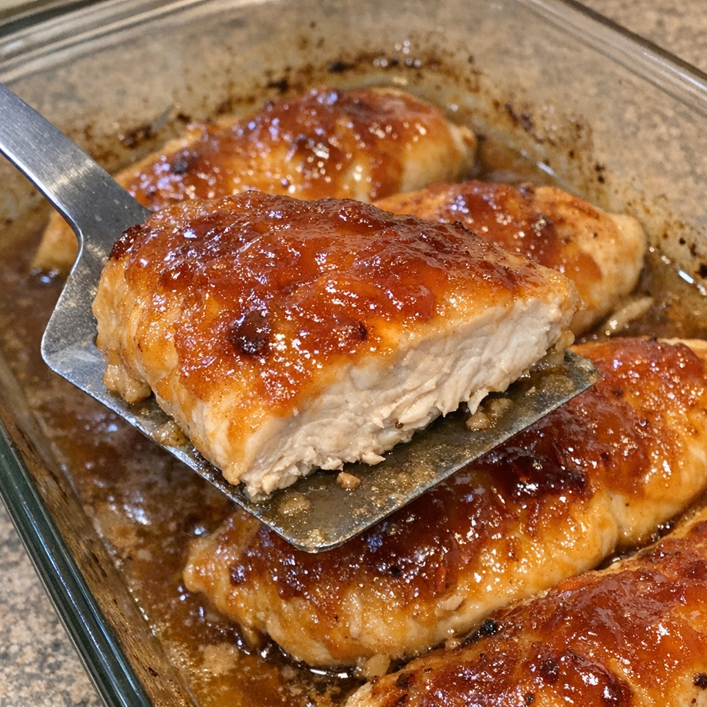 Caramelized chicken breasts with apricot glaze in a glass baking dish
