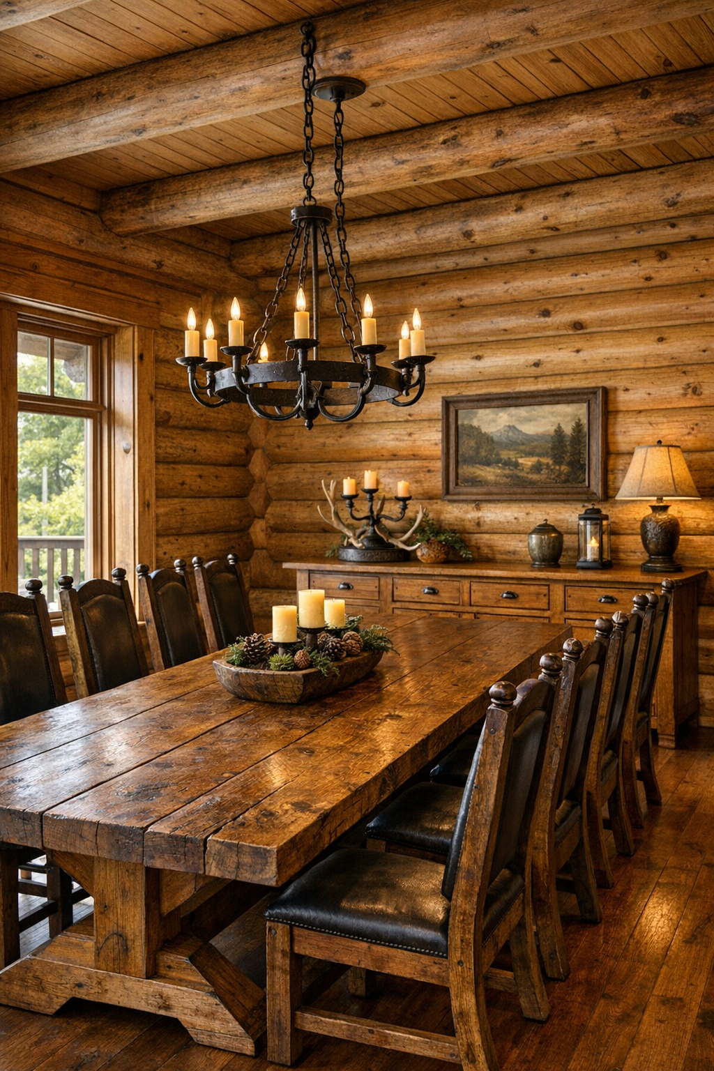 Craftsman dining room with long wood table and traditional handcrafted chairs