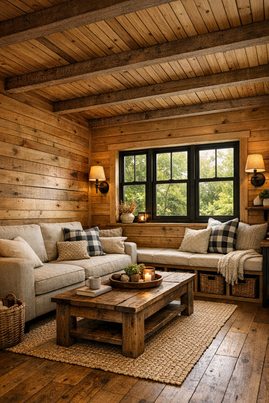 Warm cedar tiny home living room with exposed beams, compact sofa, and built-in window bench