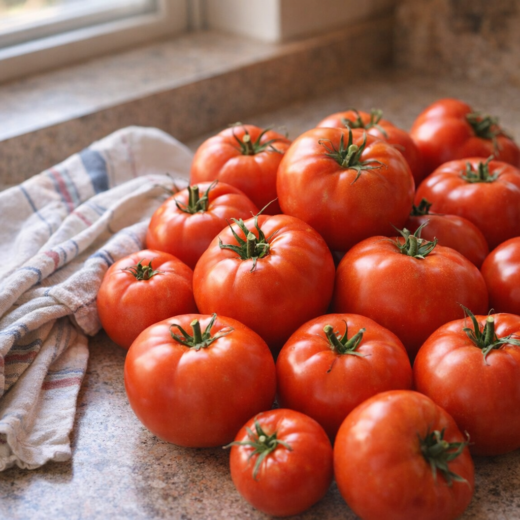 Fresh garden tomatoes scattered on a kitchen counter