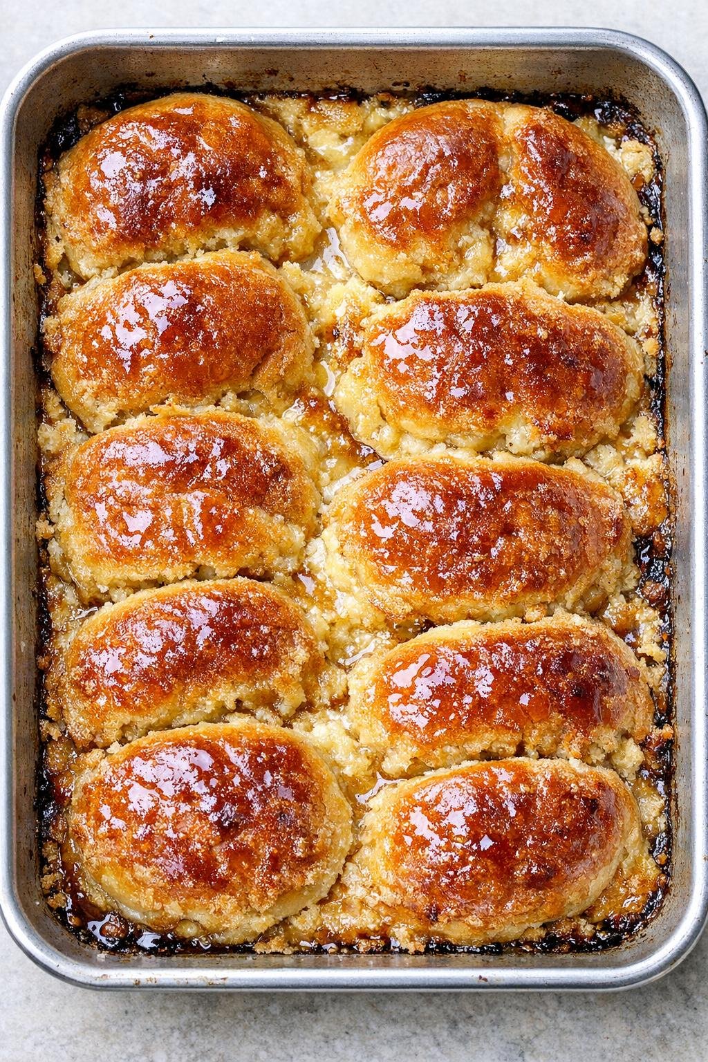 Finished baked bun dessert in a roasting pan