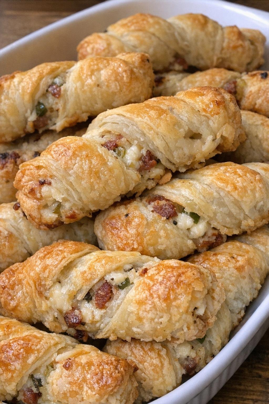 Golden flaky stuffed savory twists piled in a serving dish