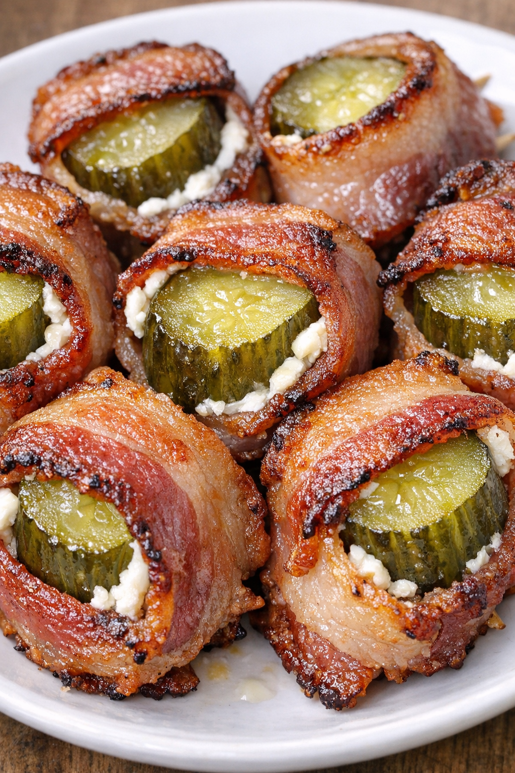 Low carb 3-ingredient bacon pickle bites on a white plate