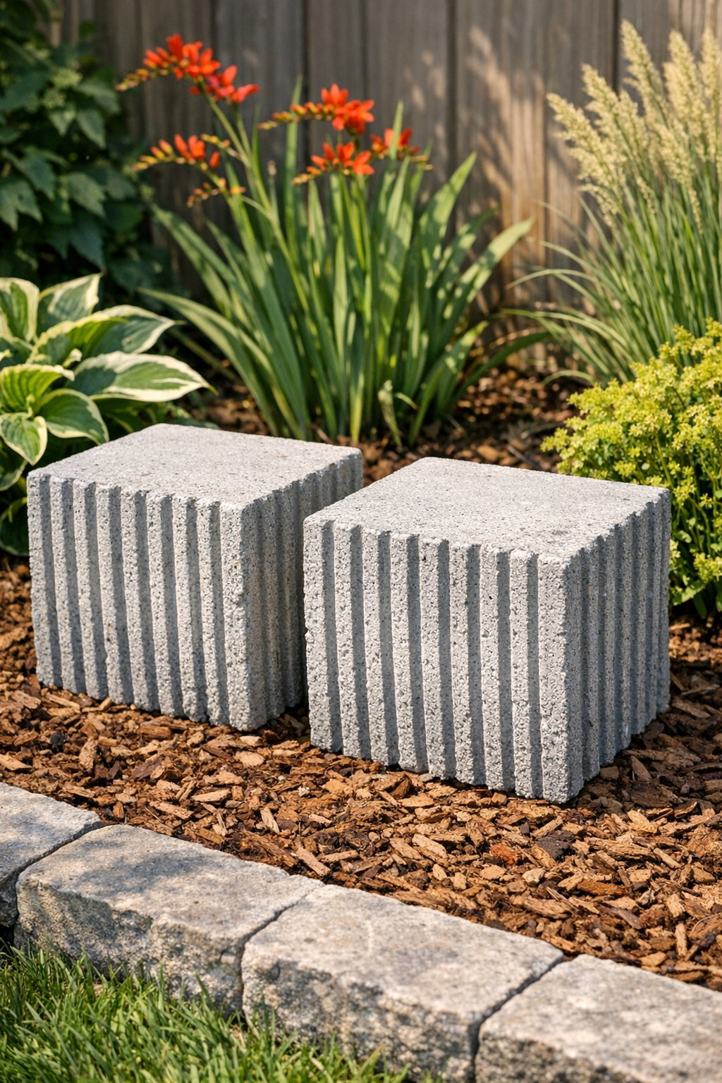 Finished ribbed cement yard blocks displayed in a garden bed