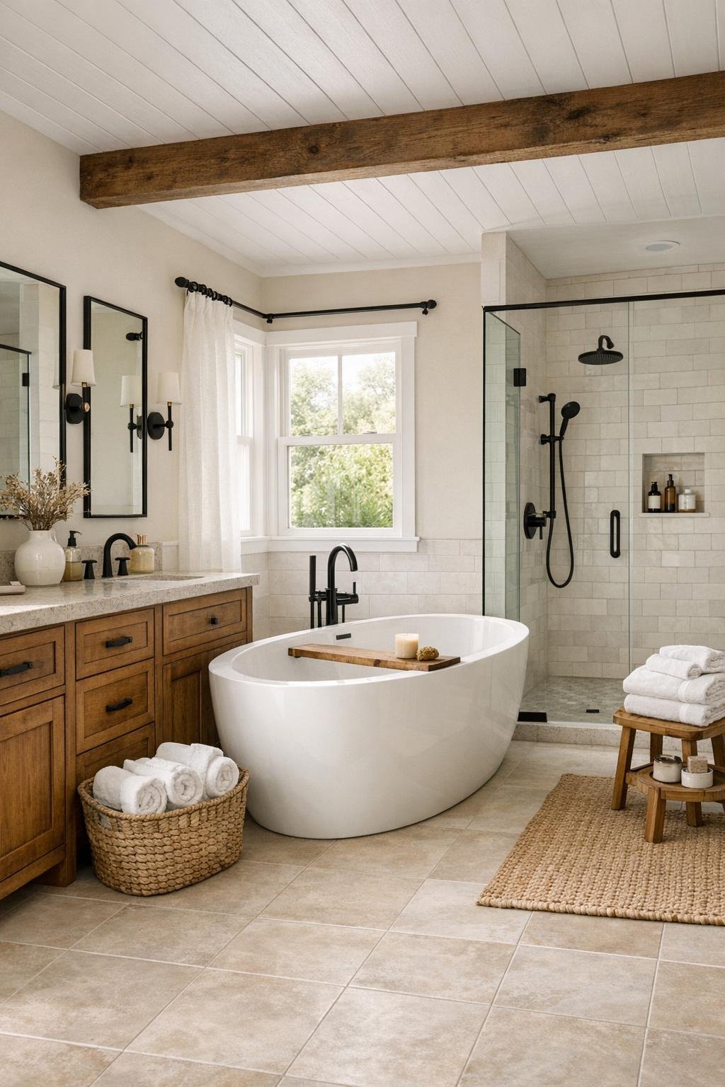 Farmhouse bathroom with soaking tub, glass shower, and warm wood vanity