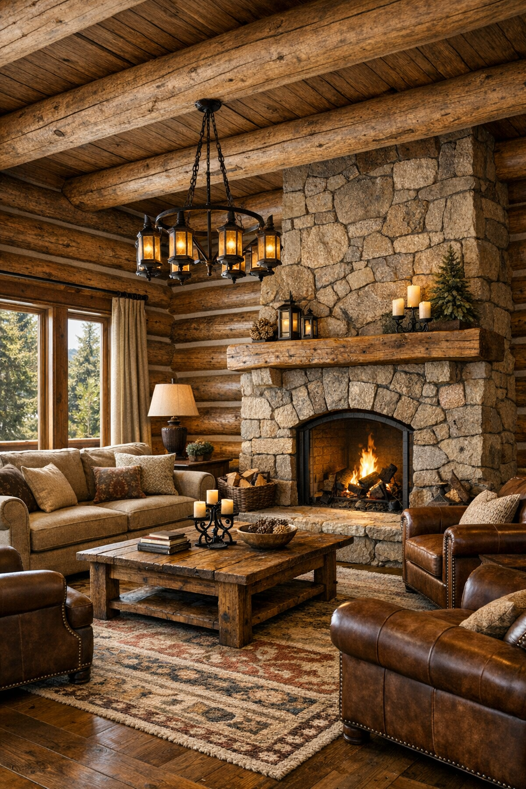 Traditional log home living room with stone fireplace and warm timber finishes