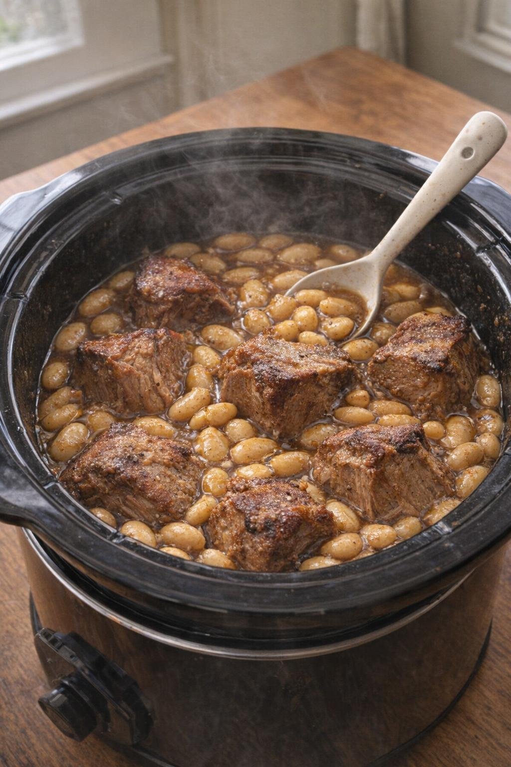 Slow cooker pork and butter beans served family-style